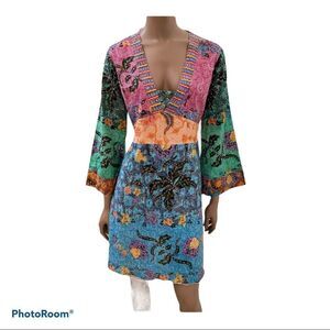 Penelope boho colorful floral beaded bell long sleeves mini dress S